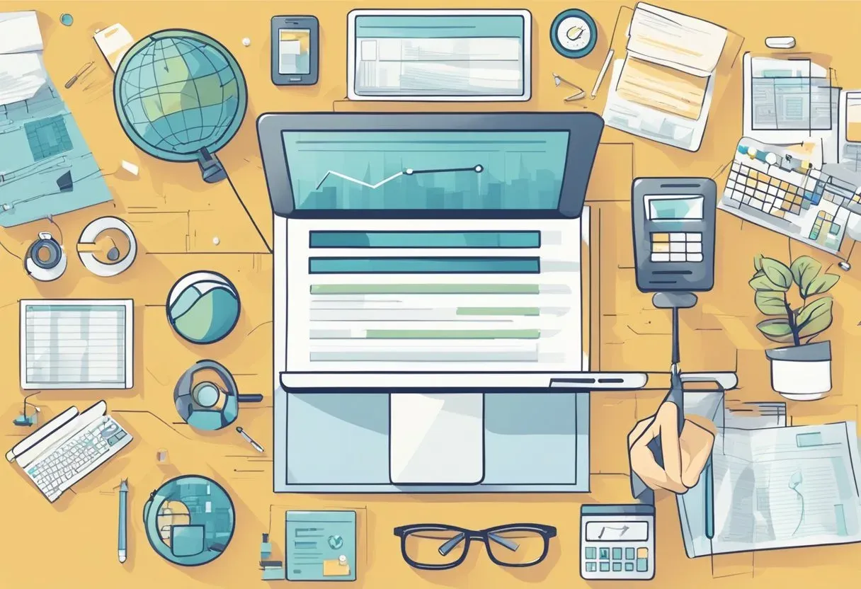 Illustration of a desk from above with a monitor and research materials