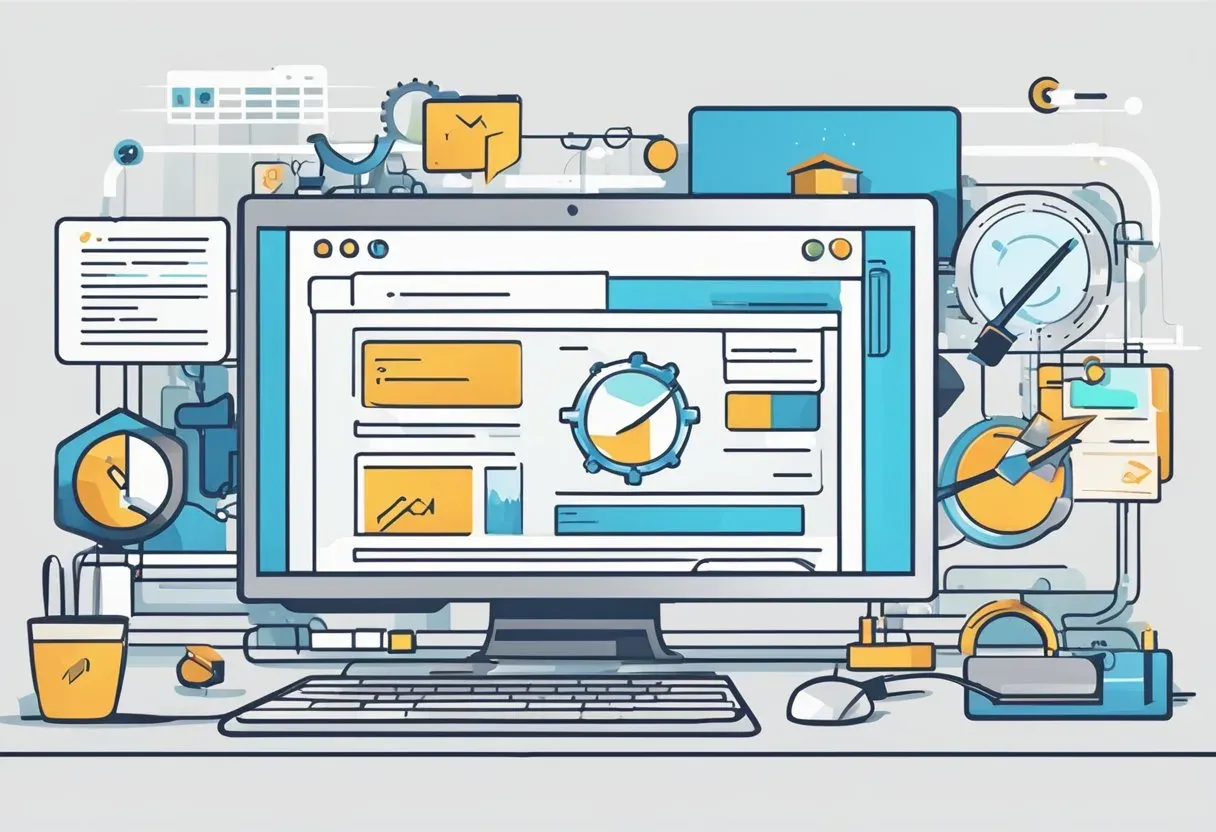 Illustration of a desktop surrounded by linked documents, for link building