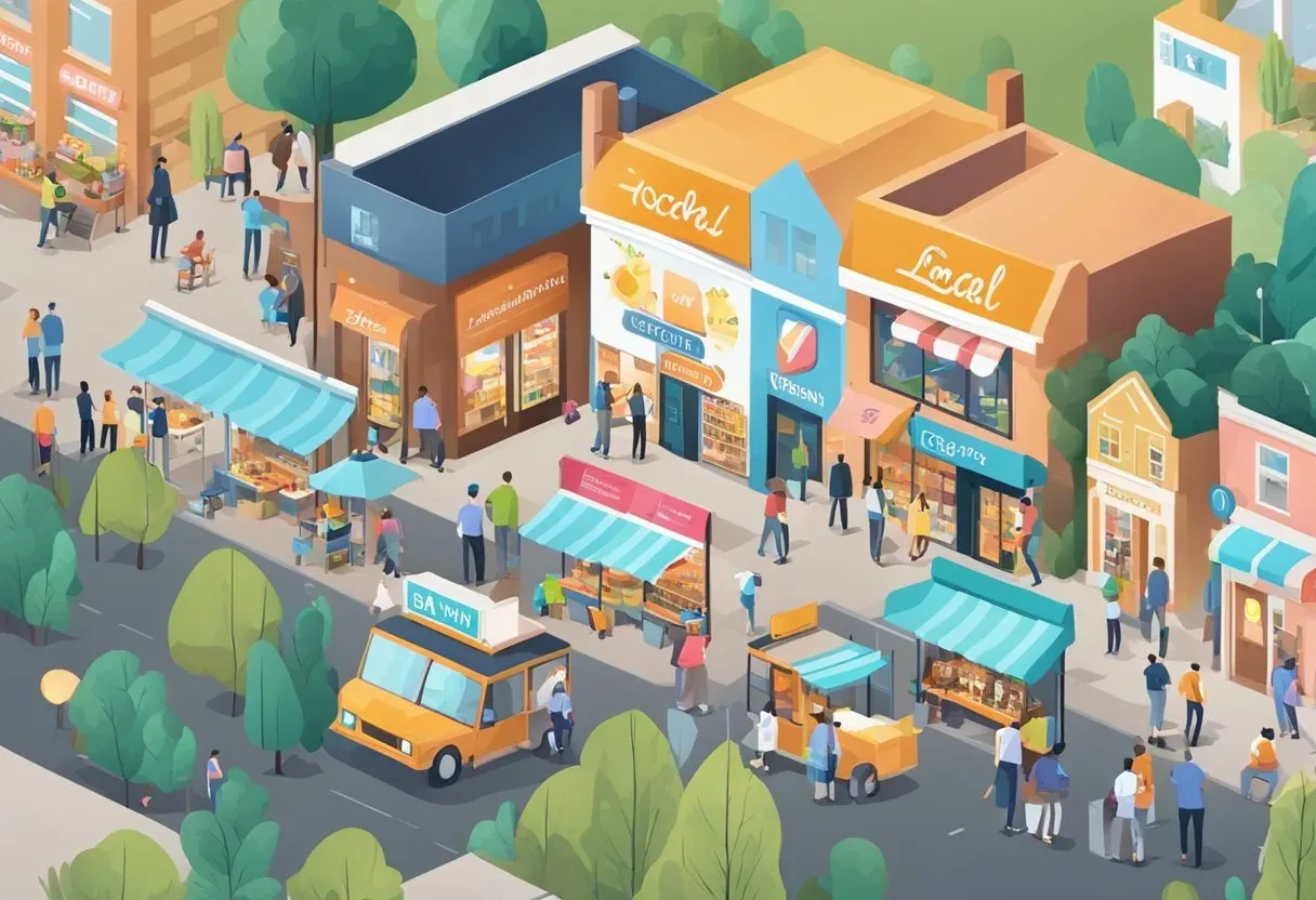 Isometric illustration of a local high street of shops and businesses