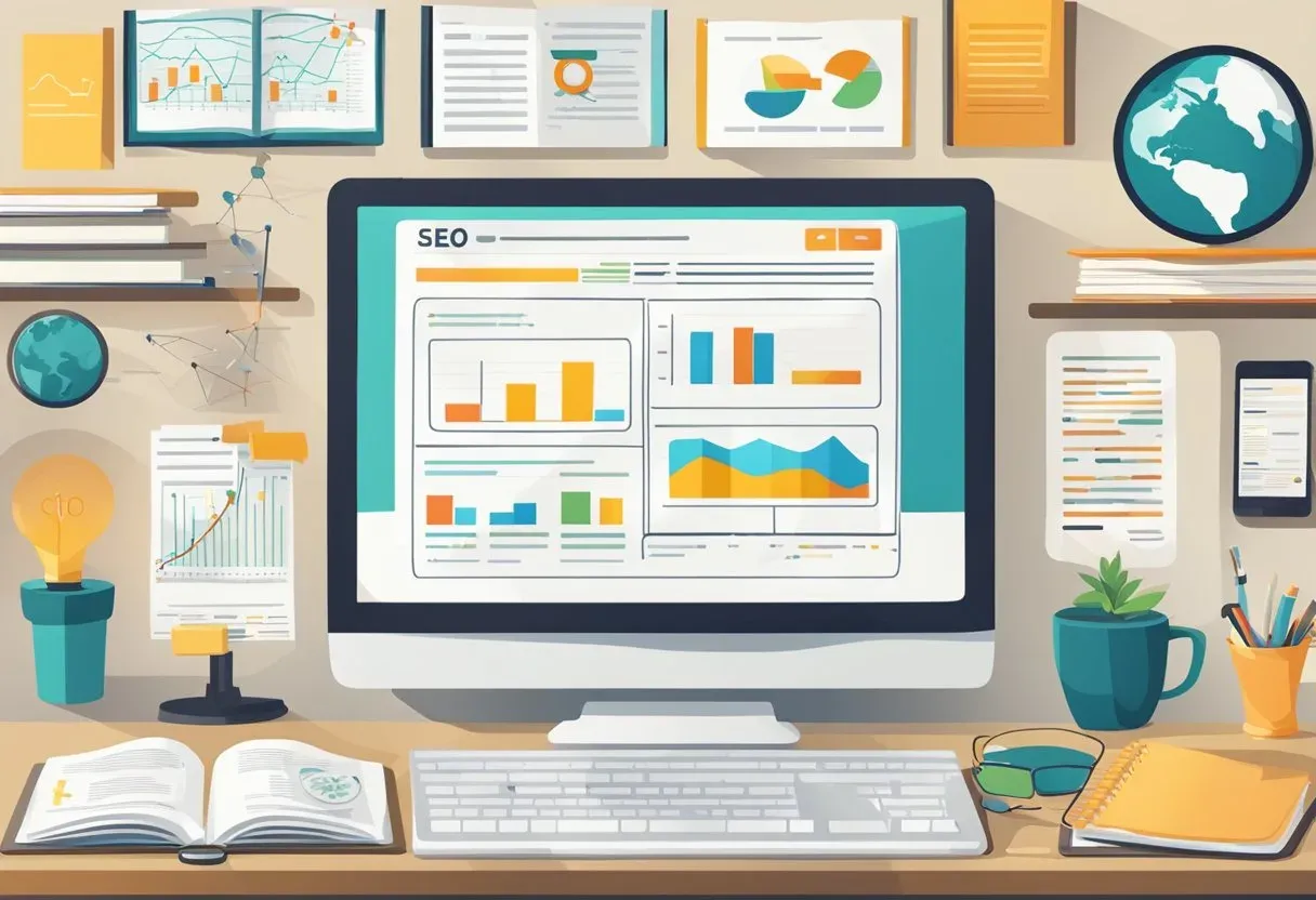 Illustration of an SEO performance dashboard on a desk
