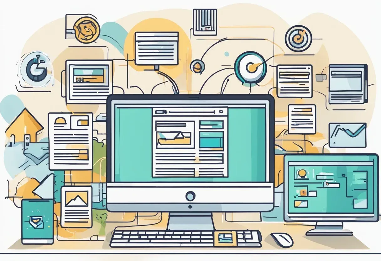 Illustration of a desktop surrounded by content and messaging icons