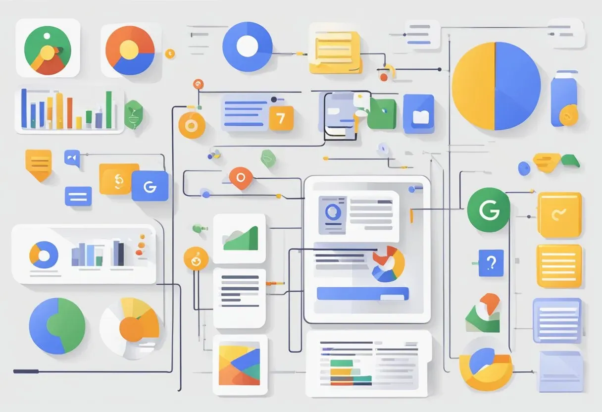 Illustration of Google products and charts arranged around a page