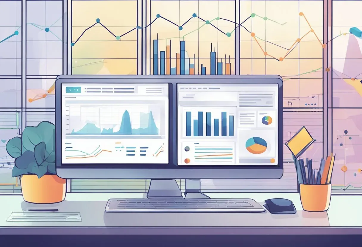 Illustration of two monitors showing SEO analytics dashboards