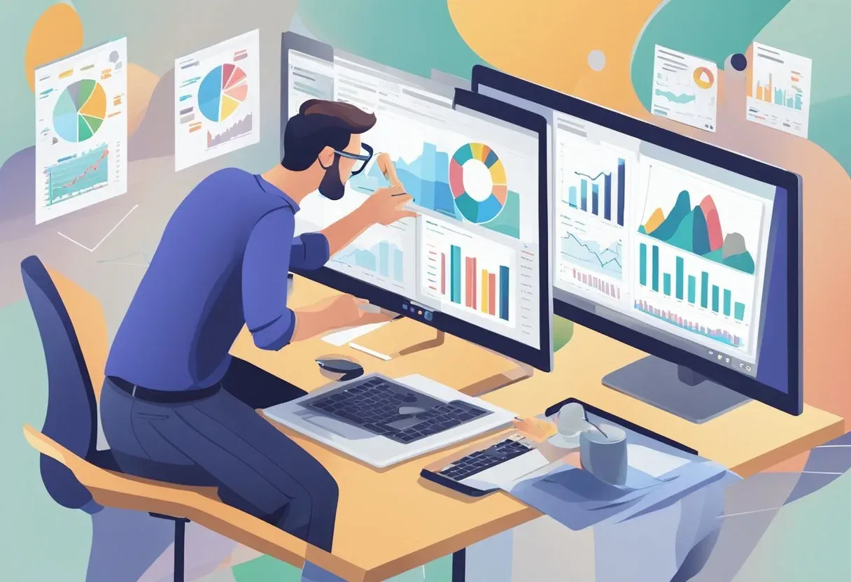 Illustration of an analyst pointing at a dashboard on a large monitor