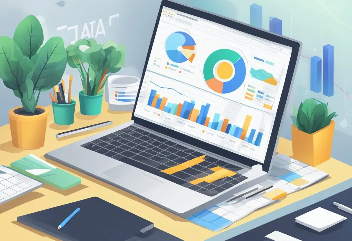 Illustration of a laptop on a desk showing traffic charts