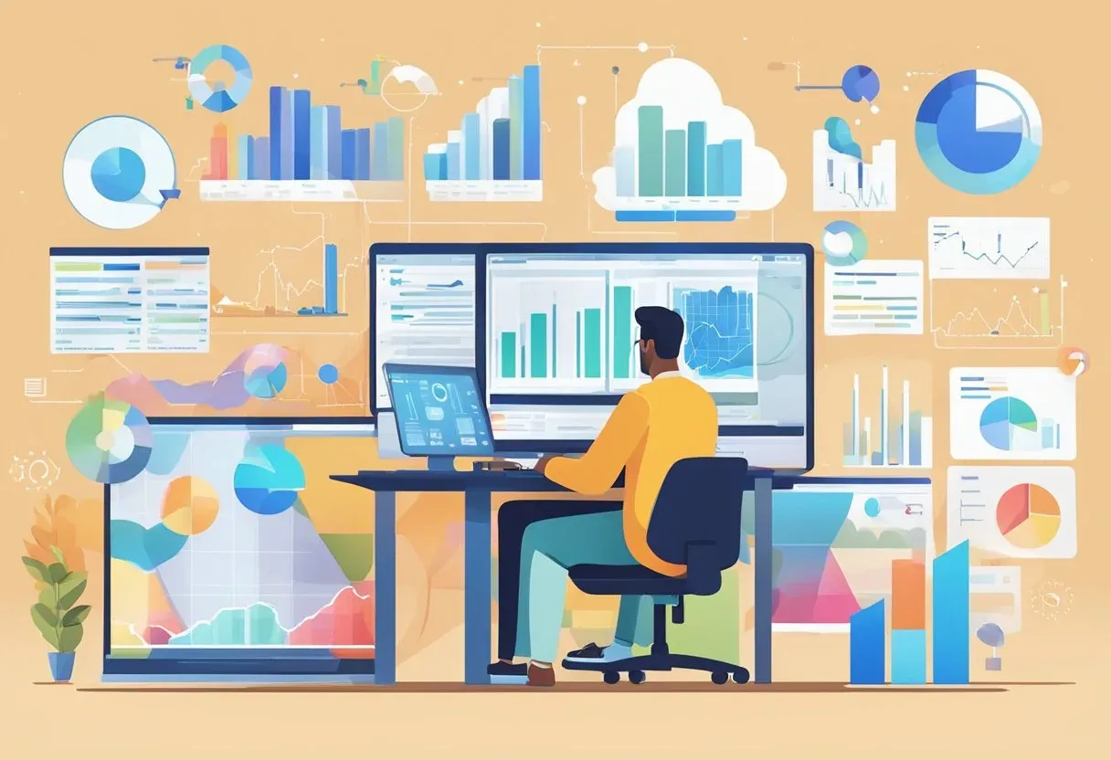 Illustration of an analyst at a desk surrounded by data visualisations