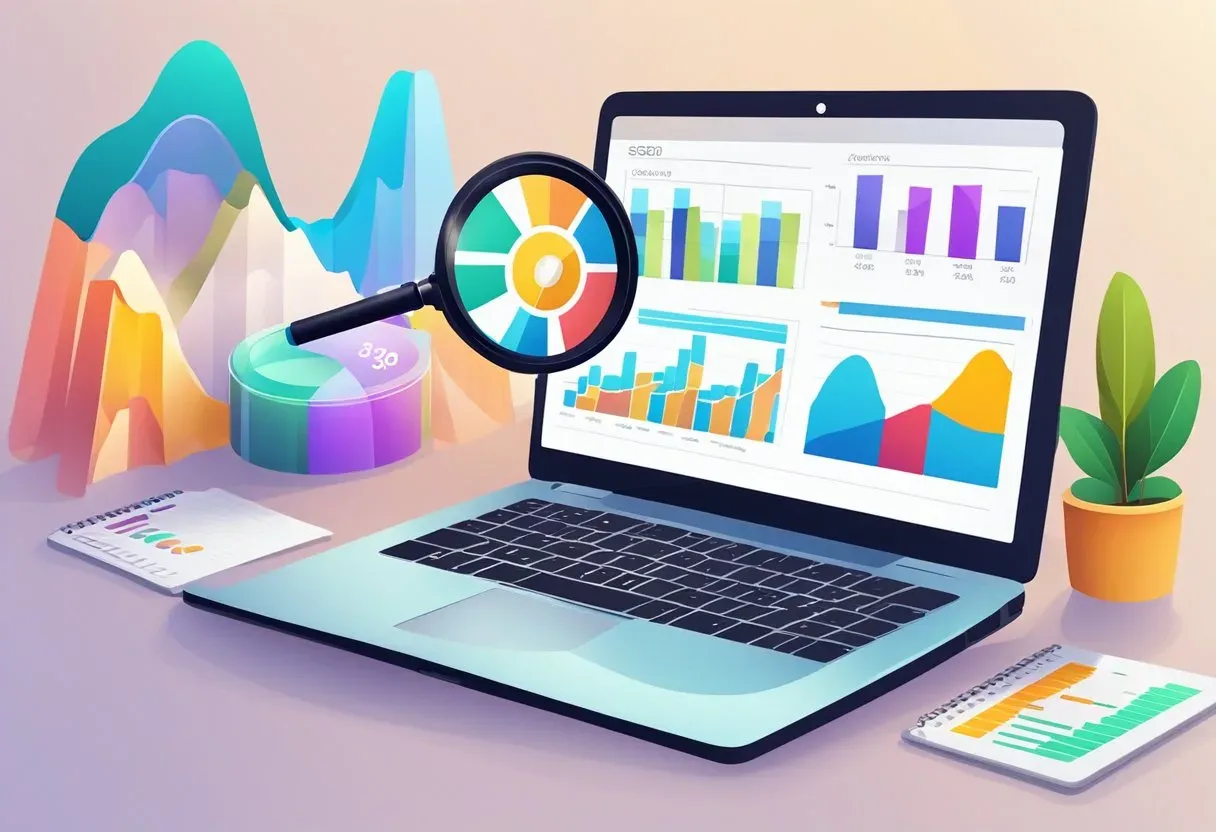 Illustration of a laptop under a magnifying glass showing performance charts