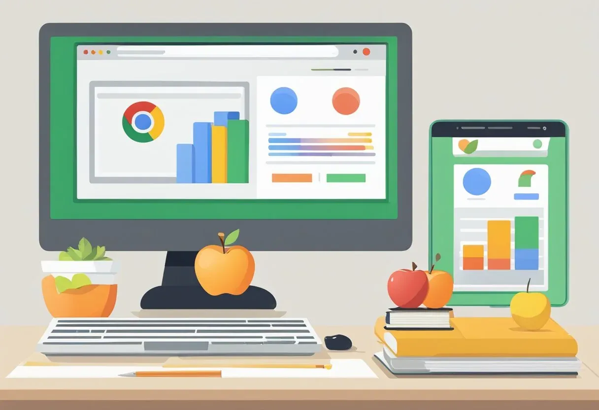 Illustration of a monitor and tablet showing Google-branded analytics
