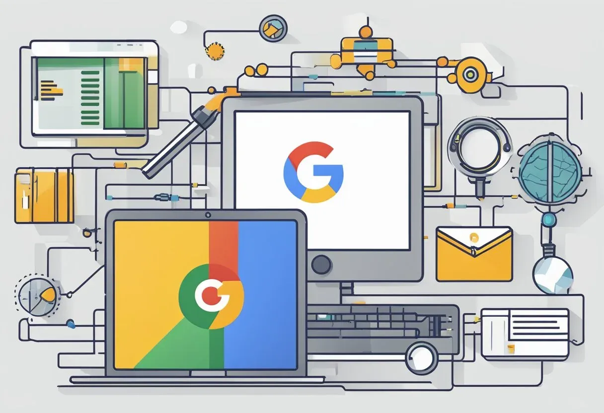 Illustration of Google product icons connected around a workstation