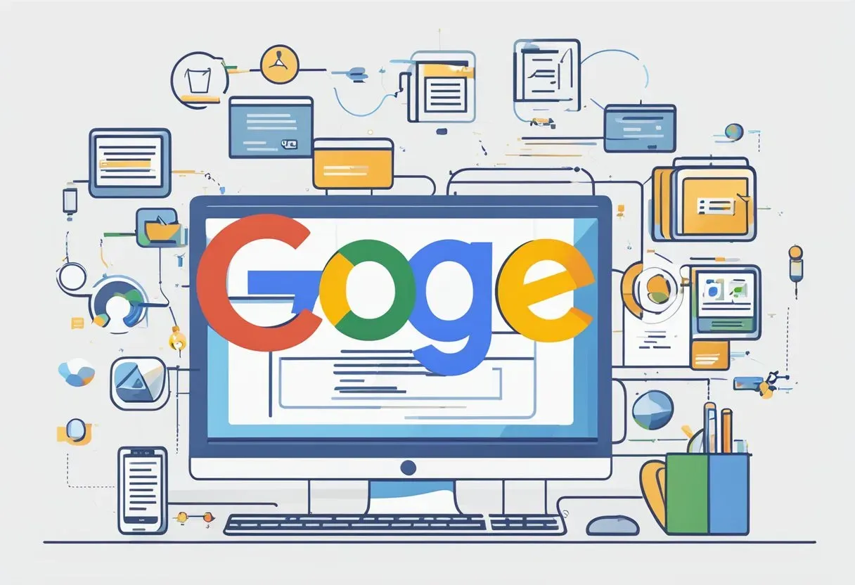Illustration of a Google search box on a monitor surrounded by document icons