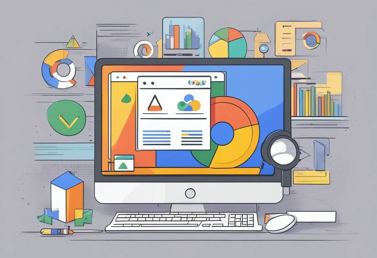 Illustration of a Chrome browser on a desktop surrounded by charts