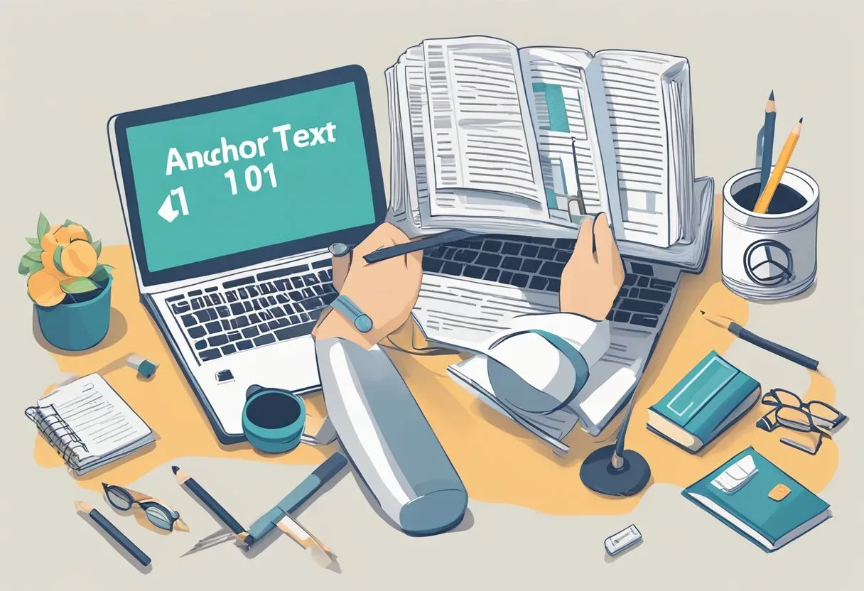 Illustration of a laptop headed Anchor Text 101 surrounded by open books and stationery