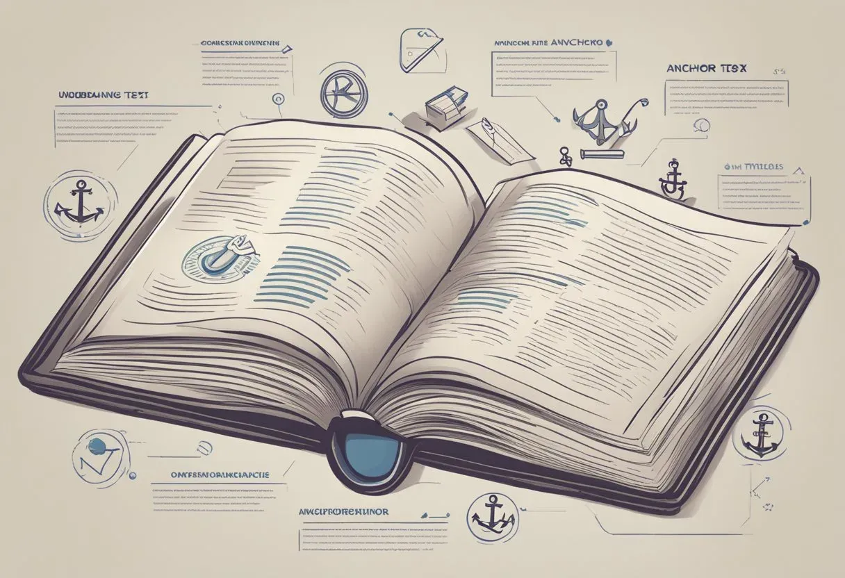 Illustration of an open book marked with anchor symbols, representing anchor text in links