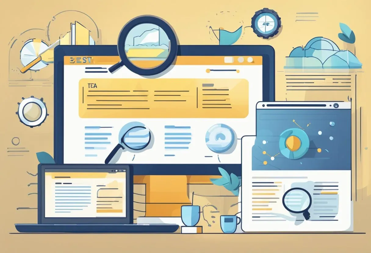 Illustration of a browser window being inspected with a magnifying glass, for anchor text optimisation