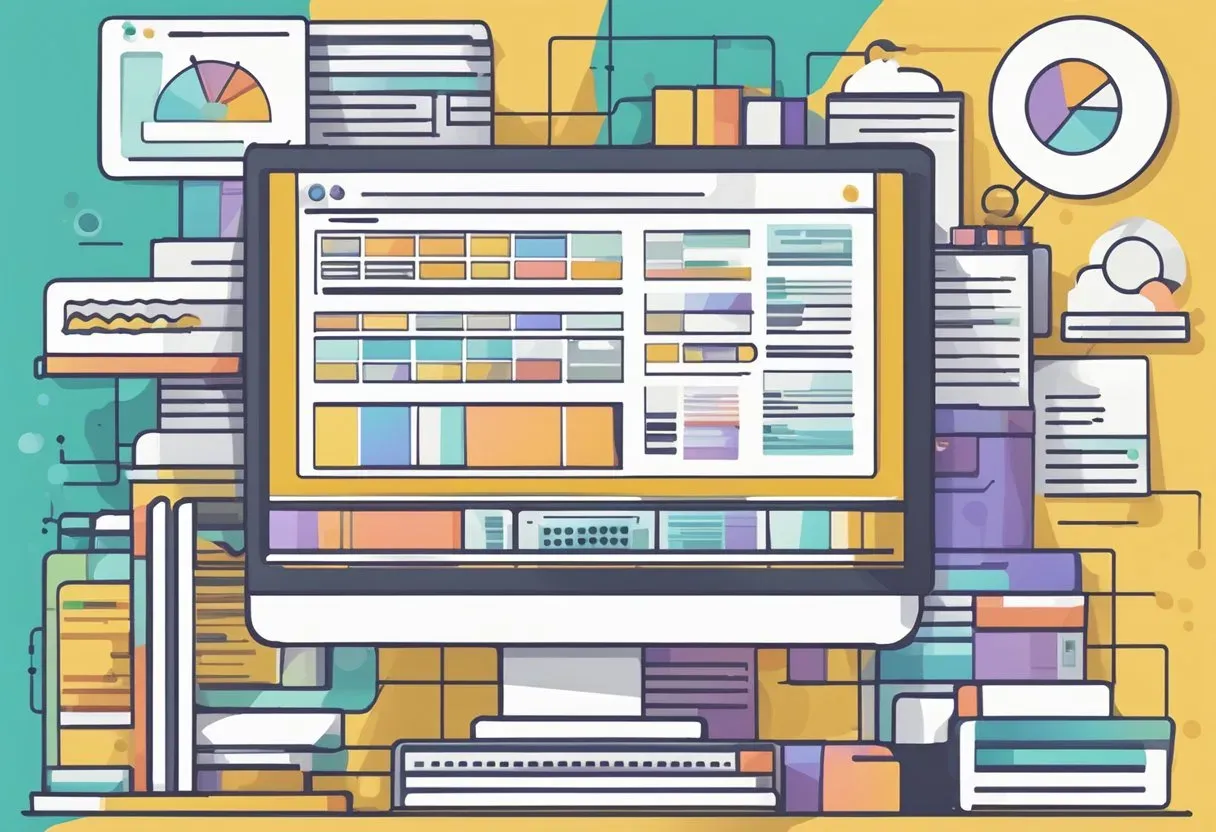 Illustration of search result listings and charts, representing search engine algorithms
