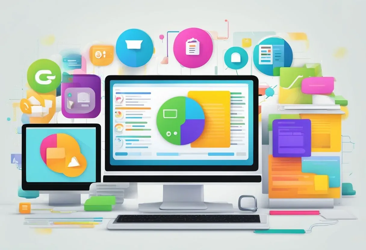Illustration of a desktop dashboard surrounded by tool icons, for advanced anchor text techniques