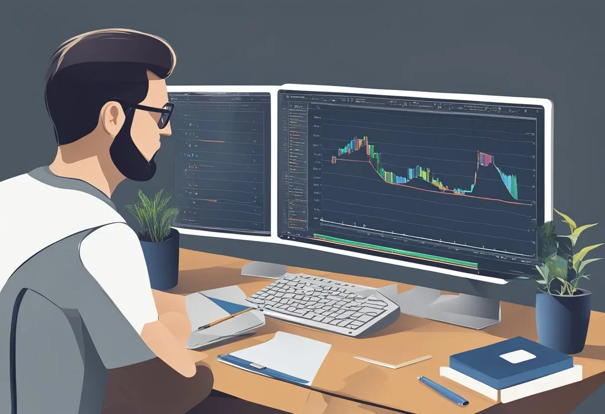 Illustration of an analyst at a two-screen desk reviewing anchor text data