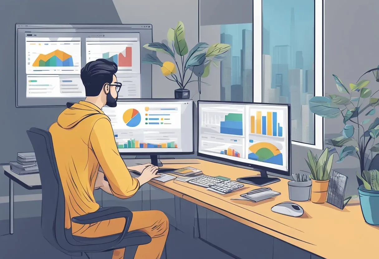 Illustration of an analyst reviewing search data on two monitors