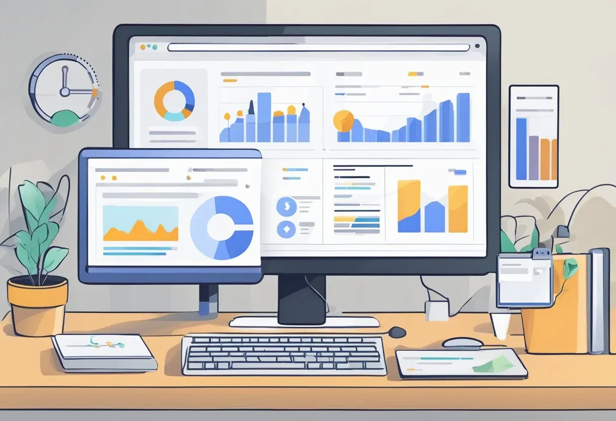 Illustration of a desktop showing Search Console style dashboards