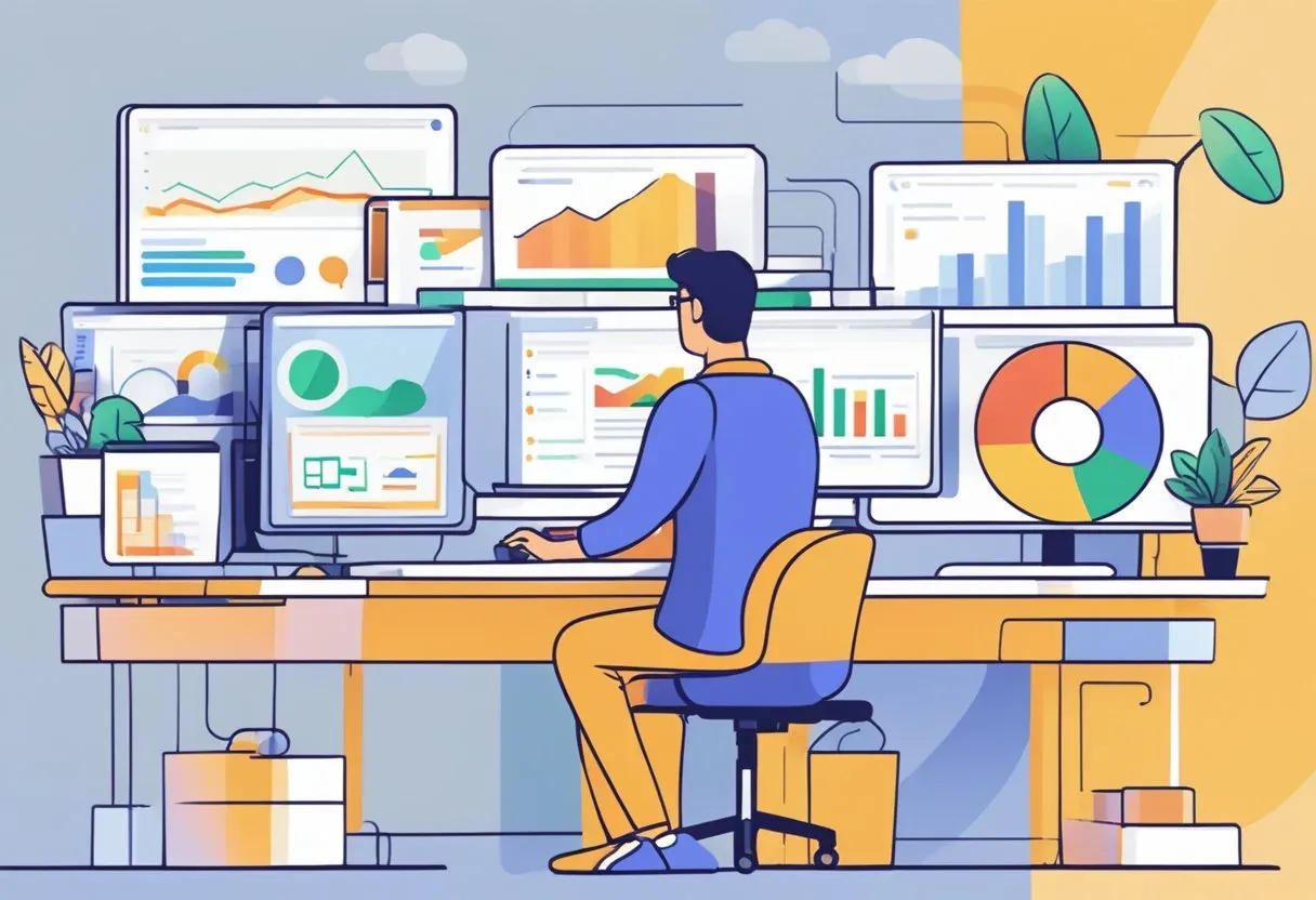 Illustration of an analyst at a desk of performance dashboards