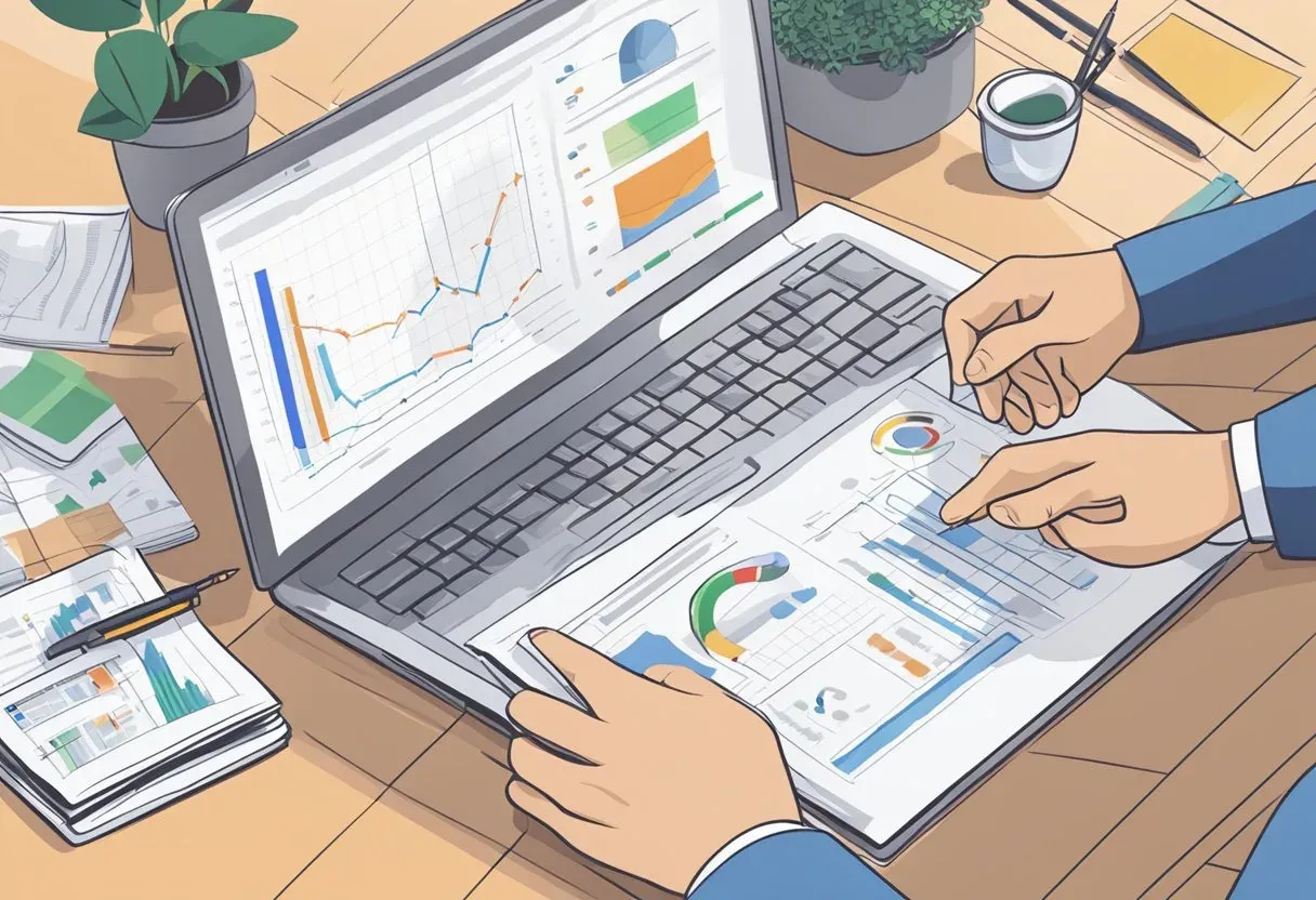 Illustration of hands using a laptop showing a rising traffic chart