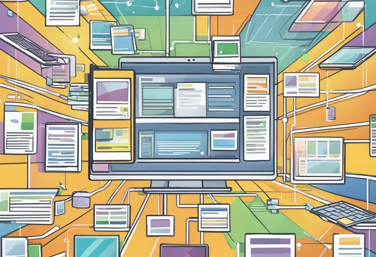 Illustration of a monitor surrounded by linked pages and documents