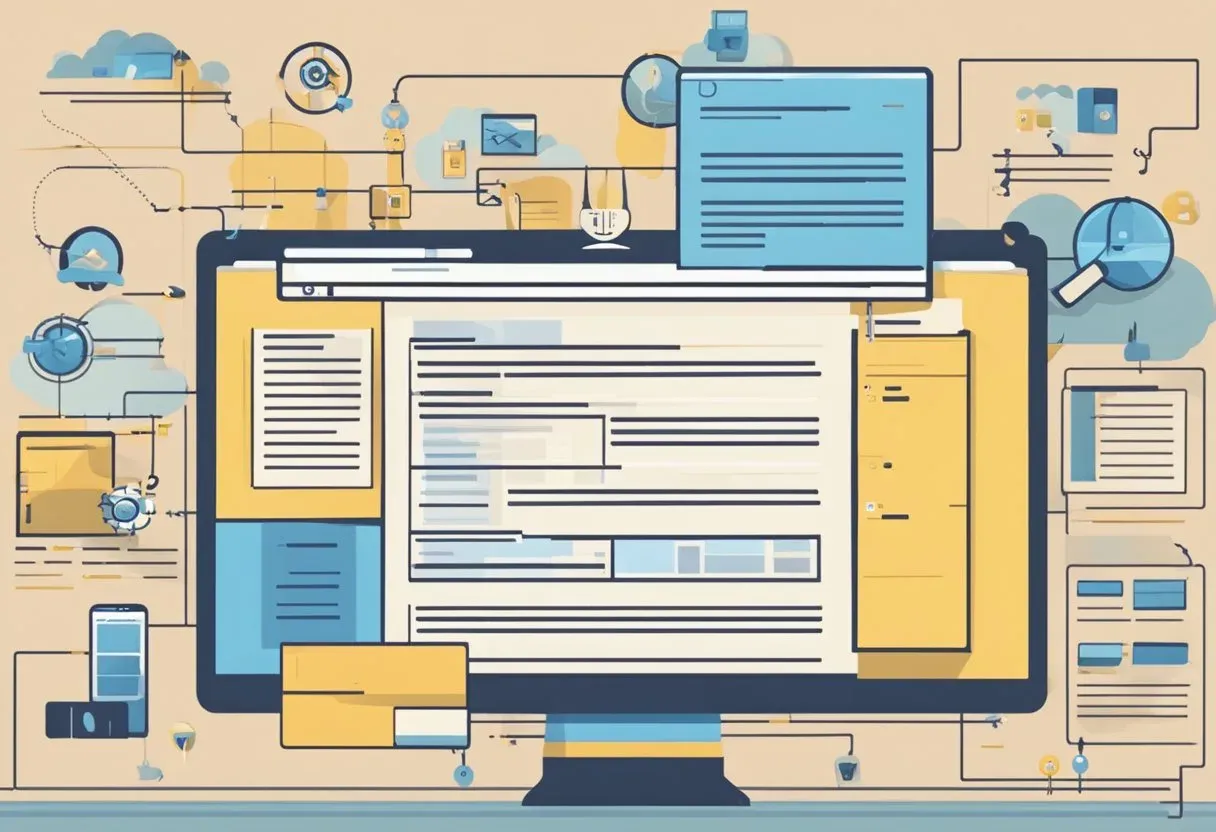 Illustration of a desktop with connected browser windows, representing internal links