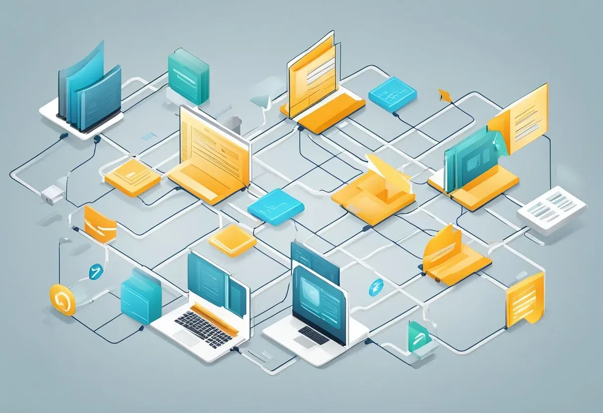 Isometric illustration of documents and devices connected in a network