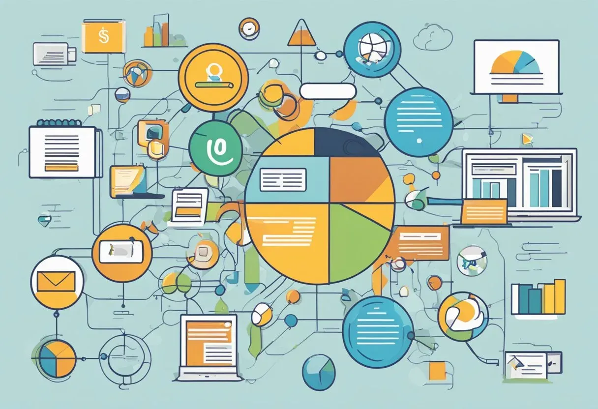 Illustration of a content hub with pages and charts radiating from it