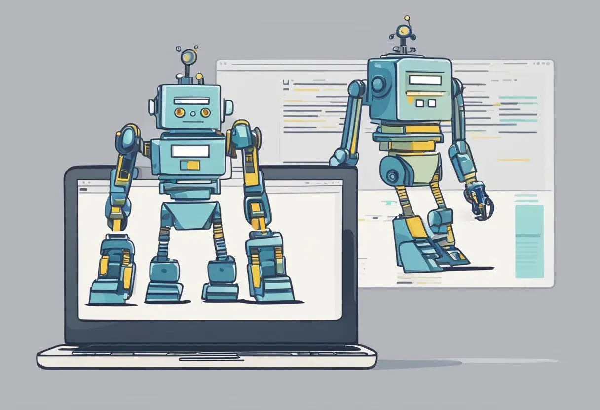 Illustration of two robots beside a laptop, representing search engine crawlers