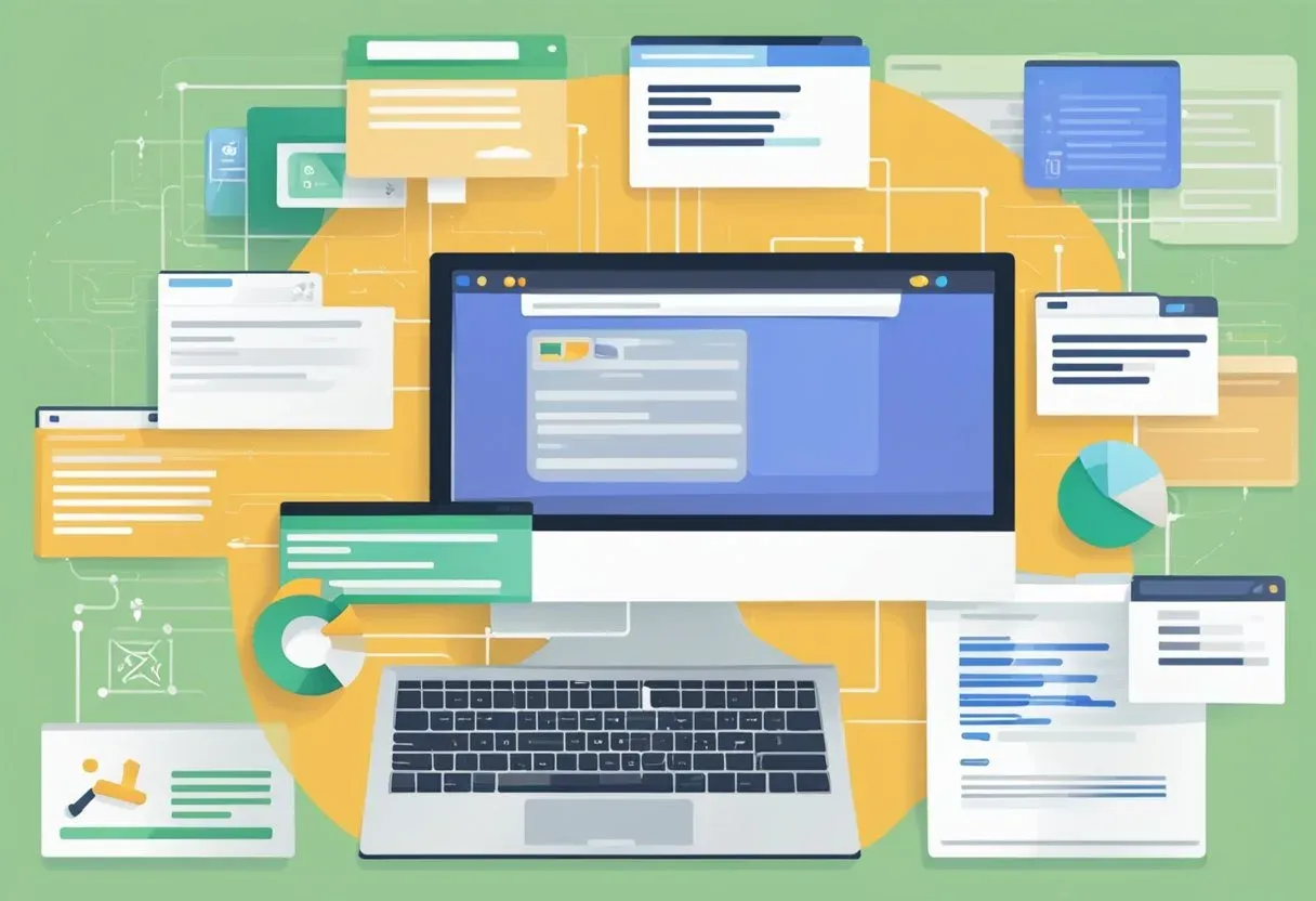 Illustration of a laptop surrounded by pages being submitted to search engines