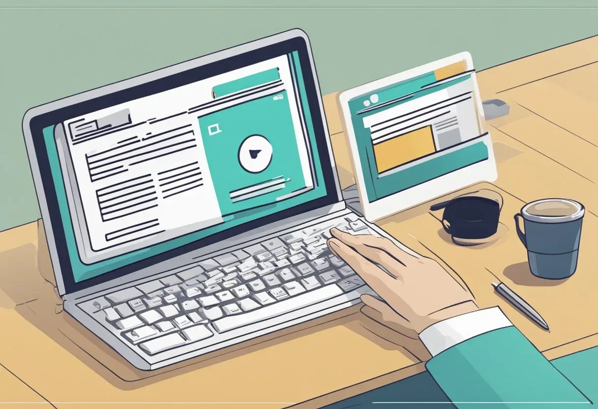 Illustration of a laptop showing a page being reviewed for duplicate content