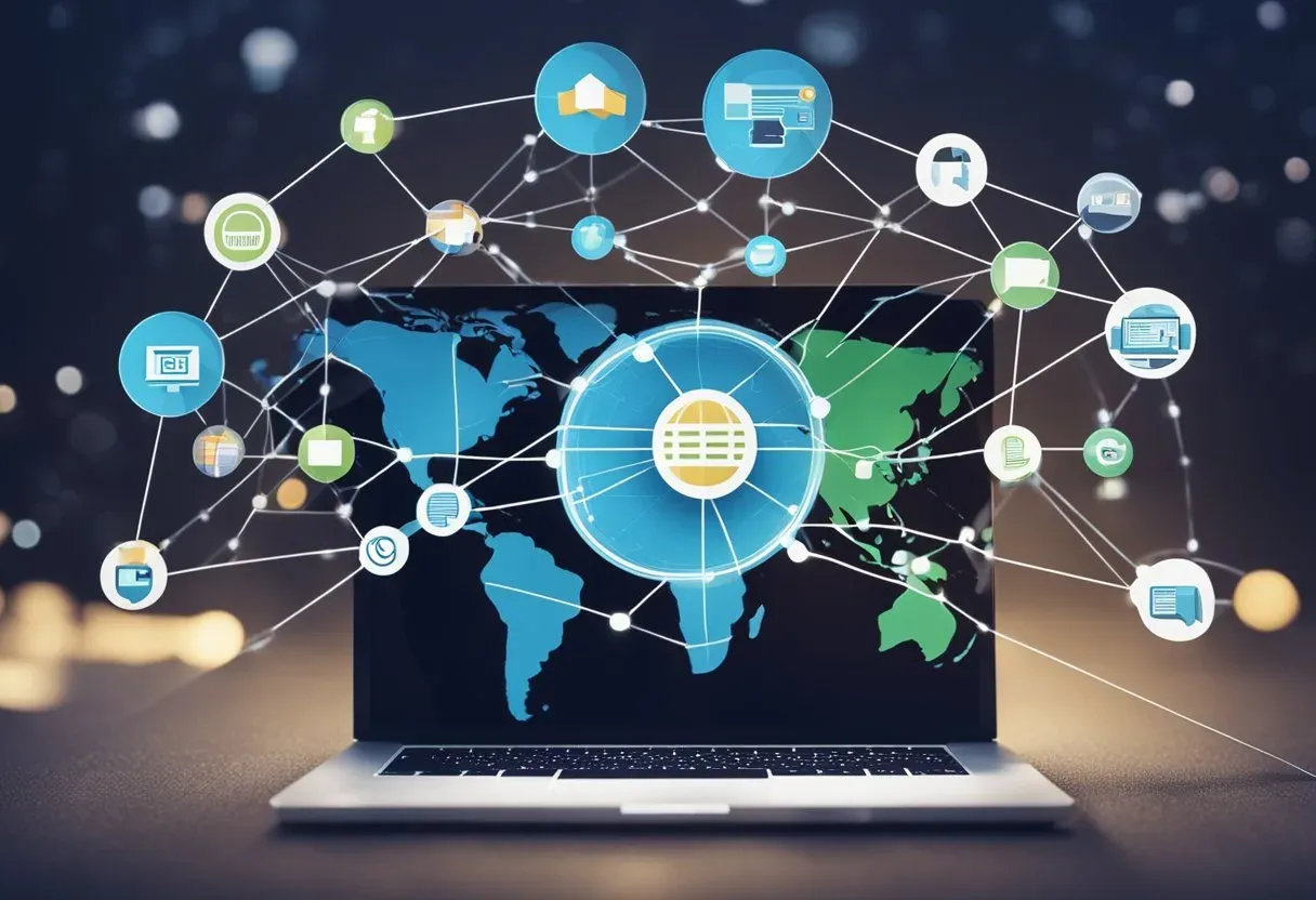 A computer screen displays a web of interconnected websites, representing link building techniques in modern SEO. A hand reaches out to connect two nodes, symbolizing outreach and relationship building