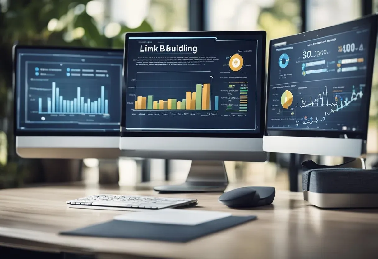 A computer screen displaying various link building techniques, with graphs and charts showing the success of each method in the modern SEO era