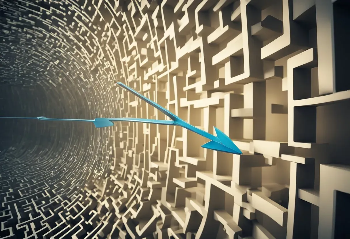 An arrow shooting through a maze of interconnected web links, symbolizing the modern SEO era's link building techniques