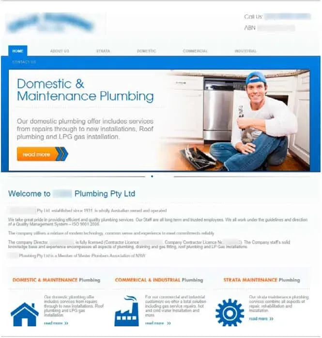 A plumbing company website with generic domestic and maintenance messaging
